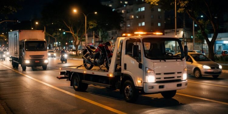 Guincho transportando uma moto à noite, assistência 24 horas do seguro de moto Porto Seguro
