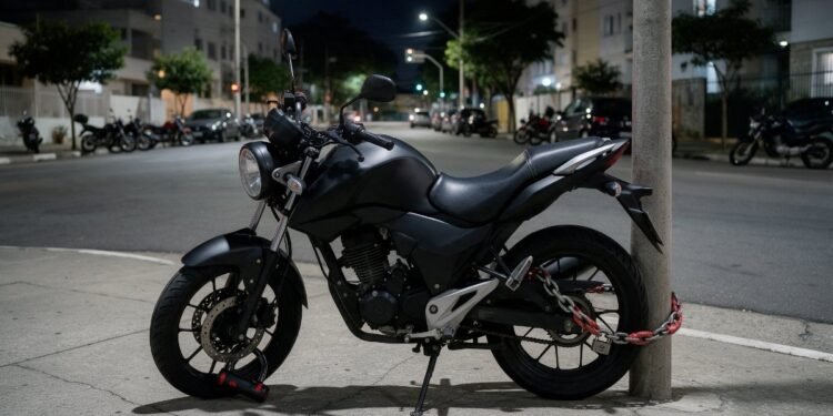 Moto estacionada à noite protegida com trava de disco e corrente contra roubo e furto