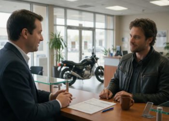 Corretor conversa com motociclista sobre o seguro de moto Suhai, com a proposta sobre a mesa