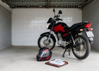 Moto de uso diário guardada em garagem simples com capacete e documentos, seguro de moto Suhai