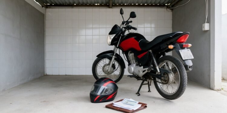 Moto de uso diário guardada em garagem simples com capacete e documentos, seguro de moto Suhai