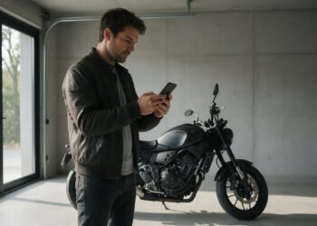 Motociclista consulta no celular o seguro moto Porto Seguro, ao lado da moto na garagem