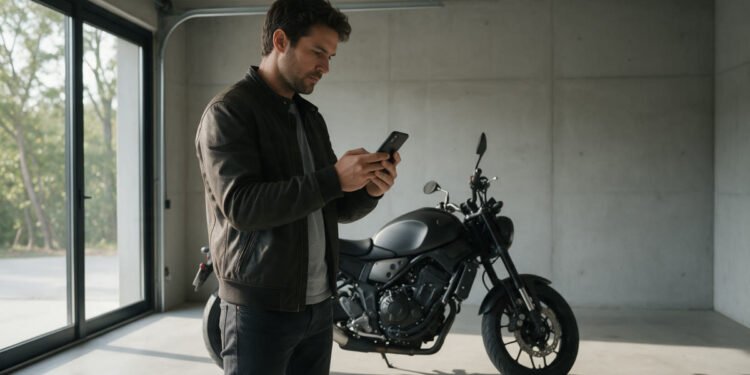 Motociclista consulta no celular o seguro moto Porto Seguro, ao lado da moto na garagem