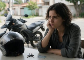 Pessoa pensativa com capacete e chaves sobre a mesa, pensando no seguro moto sem habilitação