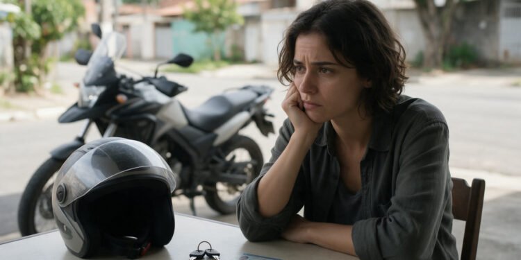 Pessoa pensativa com capacete e chaves sobre a mesa, pensando no seguro moto sem habilitação