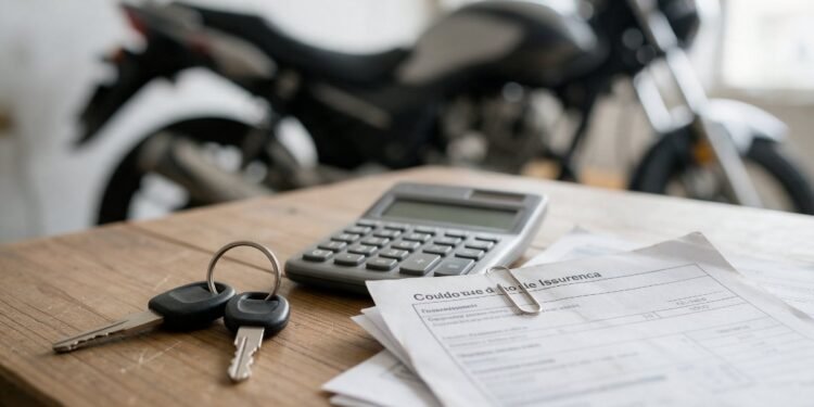 Papéis e calculadora para fazer a simulação de seguro de moto