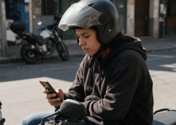 Financiamento de moto simulação feita no celular por uma pessoa de capacete com a moto ao fundo