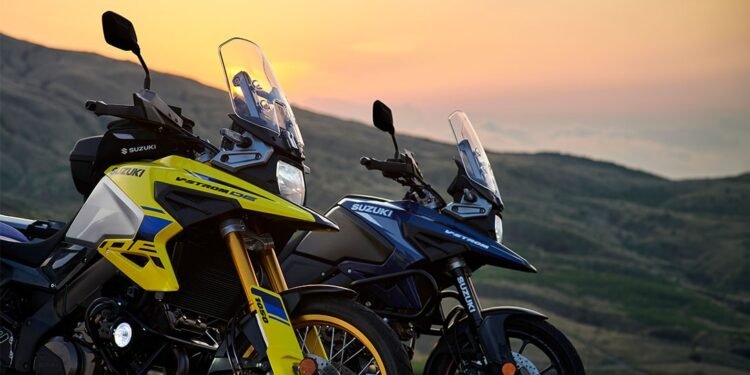 Suzuki V-Strom 1050XT 2027 nas cores amarela Champion Yellow e azul