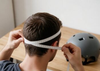 Pessoa medindo a cabeça com fita métrica, tabela de tamanho de capacete