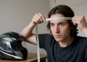 Homem medindo a cabeça com fita métrica e capacete ao lado, tamanho de capacete