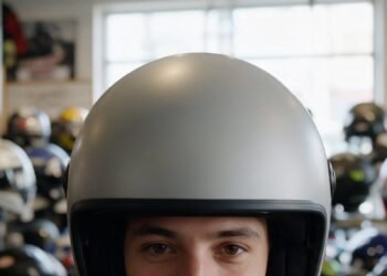 Pessoa experimentando capacete em loja de equipamentos, tipos de capacete de moto