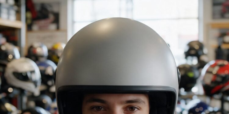 Pessoa experimentando capacete em loja de equipamentos, tipos de capacete de moto