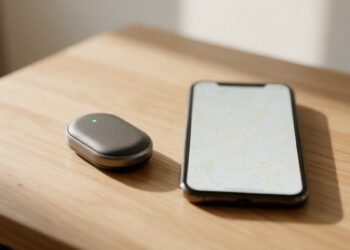 Rastreador GPS ao lado de um celular com mapa sobre uma mesa