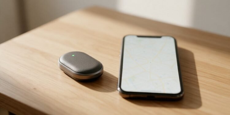 Rastreador GPS ao lado de um celular com mapa sobre uma mesa