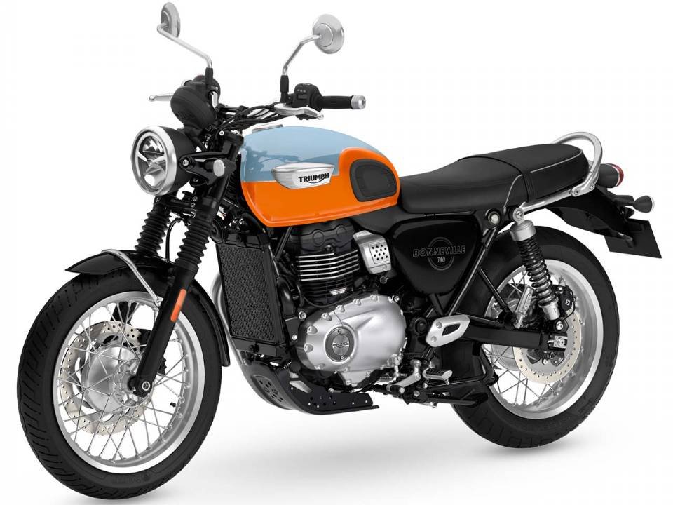 Triumph Bonneville T40 2027 com tanque laranja e azul-claro e rodas raiadas
