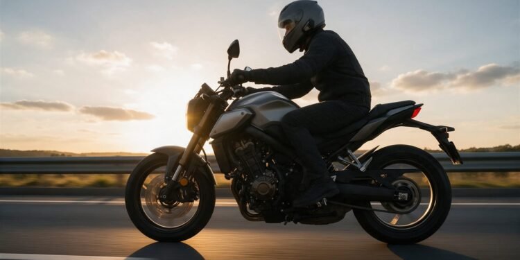 Motociclista de capacete com intercomunicador na lateral em estrada, ilustrando se usar intercomunicador dá multa