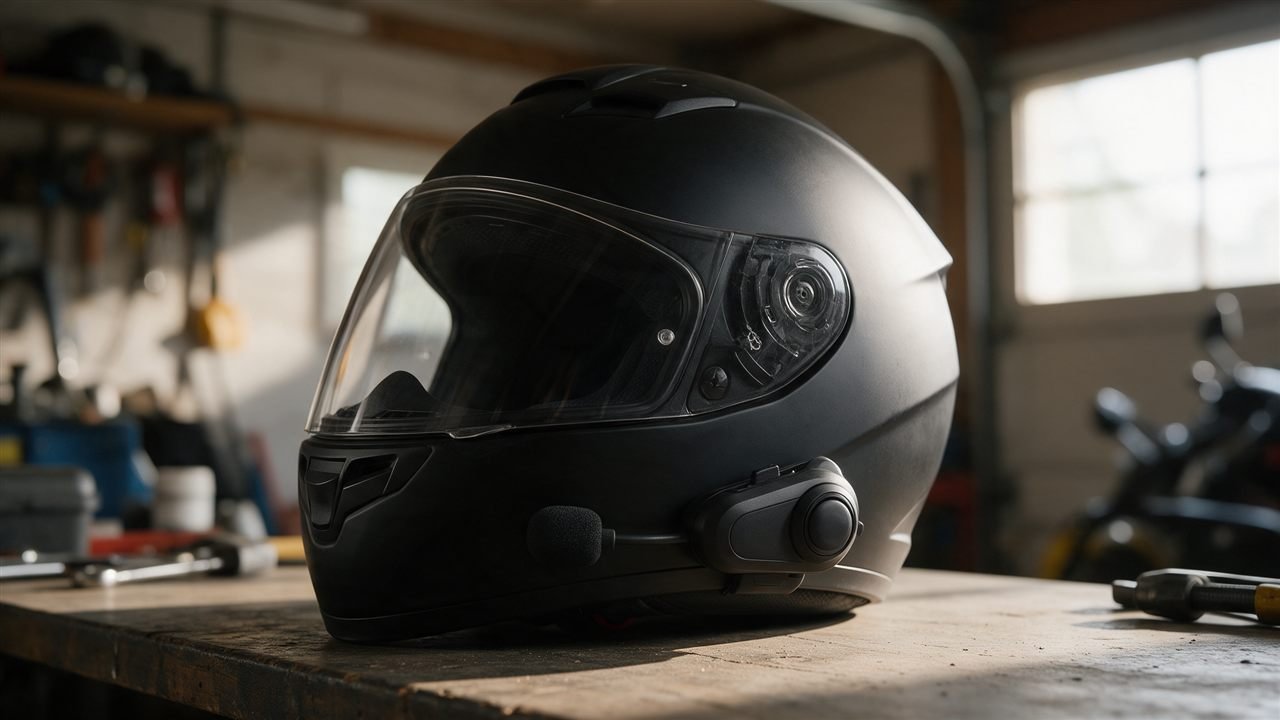 Capacete de moto fechado com módulo de intercomunicador genérico preso na lateral