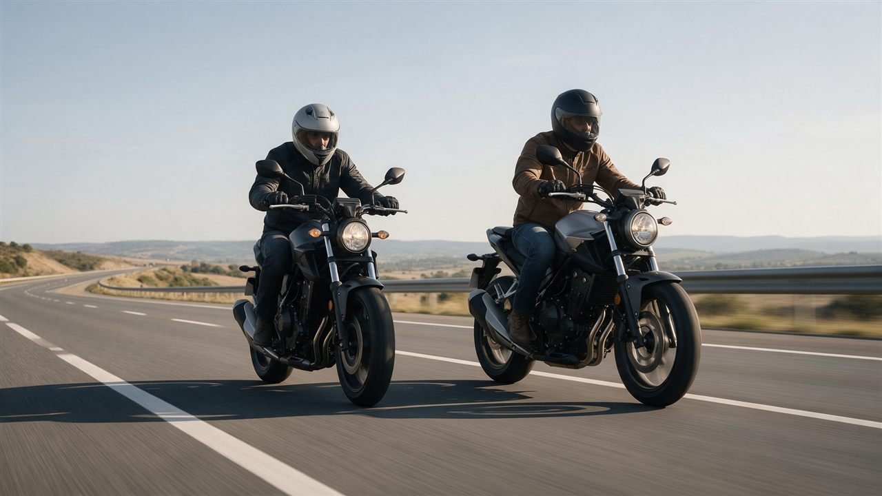 Dois motociclistas de capacete rodando juntos em rodovia