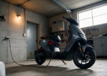 Scooter elétrica conectada ao carregador na garagem, vantagens e desvantagens da moto elétrica