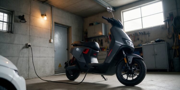 Scooter elétrica conectada ao carregador na garagem, vantagens e desvantagens da moto elétrica